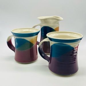 Art Pottery Ceramic Glazed Coffee Mugs Pair With Creamer Set- vibrant Colors